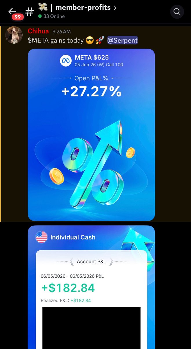 serpenttrades's tweet photo. LIFE CHANGING MONEY WAS MADE TODAY INSIDE SERPENT TRADING DISCORD SERVER ❤️🏆

I CALLED OUT $META FOR AN OVER 450%+ GAIN TODAY 🤯📈

$META 615P 453% ✅
$META 625C 35% ✅

YES WE PLAYED BOTH SIDES TODAY ON $META AND ABSOLUTELY BANKED 🚀 https://t.co/6RYUhAp1Uz