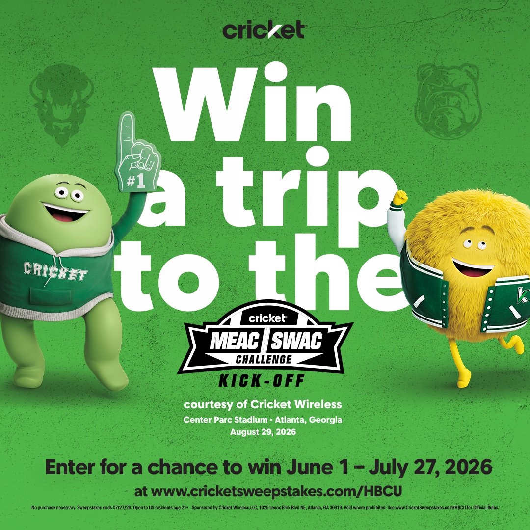 Cricketnation's tweet photo. Your game-day plans just got an upgrade 🏈

We're giving fans a chance to experience the Cricket MEAC/SWAC Challenge Kick-Off. Enter now and you could be headed to one of the most exciting HBCU football events of the year!

Tap the link to enter: https://t.co/AJ3Rc2FjhN https://t.co/Cia4al74of