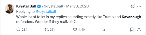 MetsiesB's tweet photo. @krystalball Search "Kavanaugh" on Krystal's timeline and have a field day with double standards. https://t.co/Wr5ndDtnUo