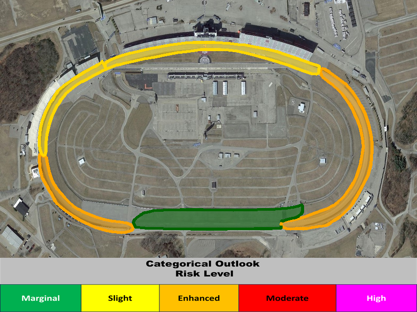 NCS_SCPC's tweet photo. 1:00pm EDT SCPC Day 1 Outlook Enhanced Risk: across portions of Michigan International Speedway
#ARCA #HenryFordHealth200 https://t.co/3ce9N8kRnd