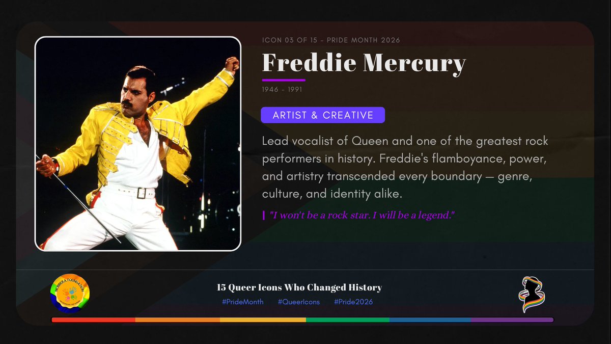 MobberaF's tweet photo. Pride icon 3 of 15, Thank you #FreddieMercury for teaching the world that there is nothing cooler than dancing to your own tune, and paving a path for South East Asians in both music and expression of sexuality with pride and style! 🎸🕺🏻 #prideicon #pridemonth https://t.co/73KEwSpeVx