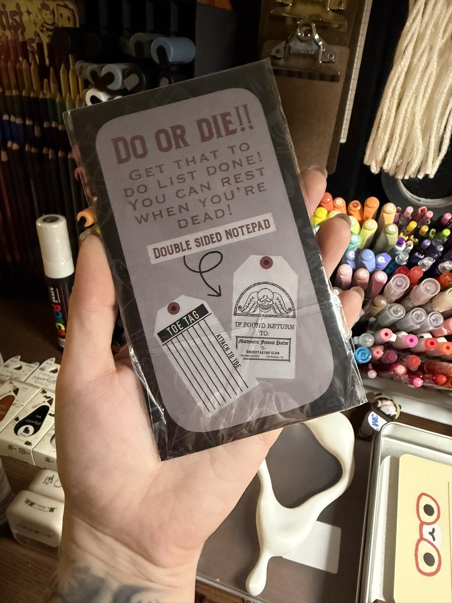 Mort3mer's tweet photo. For those whose to-do list has become a death certificate…. Our Toe Tag Sticky Notes are to die for! die-cut, sticky-backed, and ready to document your unfinished business.
And only slightly threatening!
Available at Psychic Circle Oddities 🖤 https://t.co/5iqt6vOJst