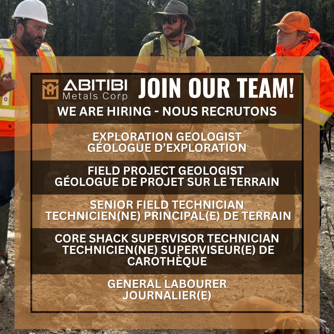 AbitibiMetals's tweet photo. Join our Team! 

WE ARE HIRING / NOUS RECRUTONS :
•⁠  ⁠Exploration Geologist / Géologue d’exploration
•⁠  ⁠Field Project Geologist / Géologue de projet sur le terrain
•⁠  ⁠Senior Field Technician / Technicien(ne) principal(e) de terrain
•⁠  ⁠Core Shack Supervisor Technician / Technicien(ne) superviseur(e) de carothèque
•⁠  ⁠General Labourer / Journalier(e)

Find out more: https://t.co/XXVesy4z3C