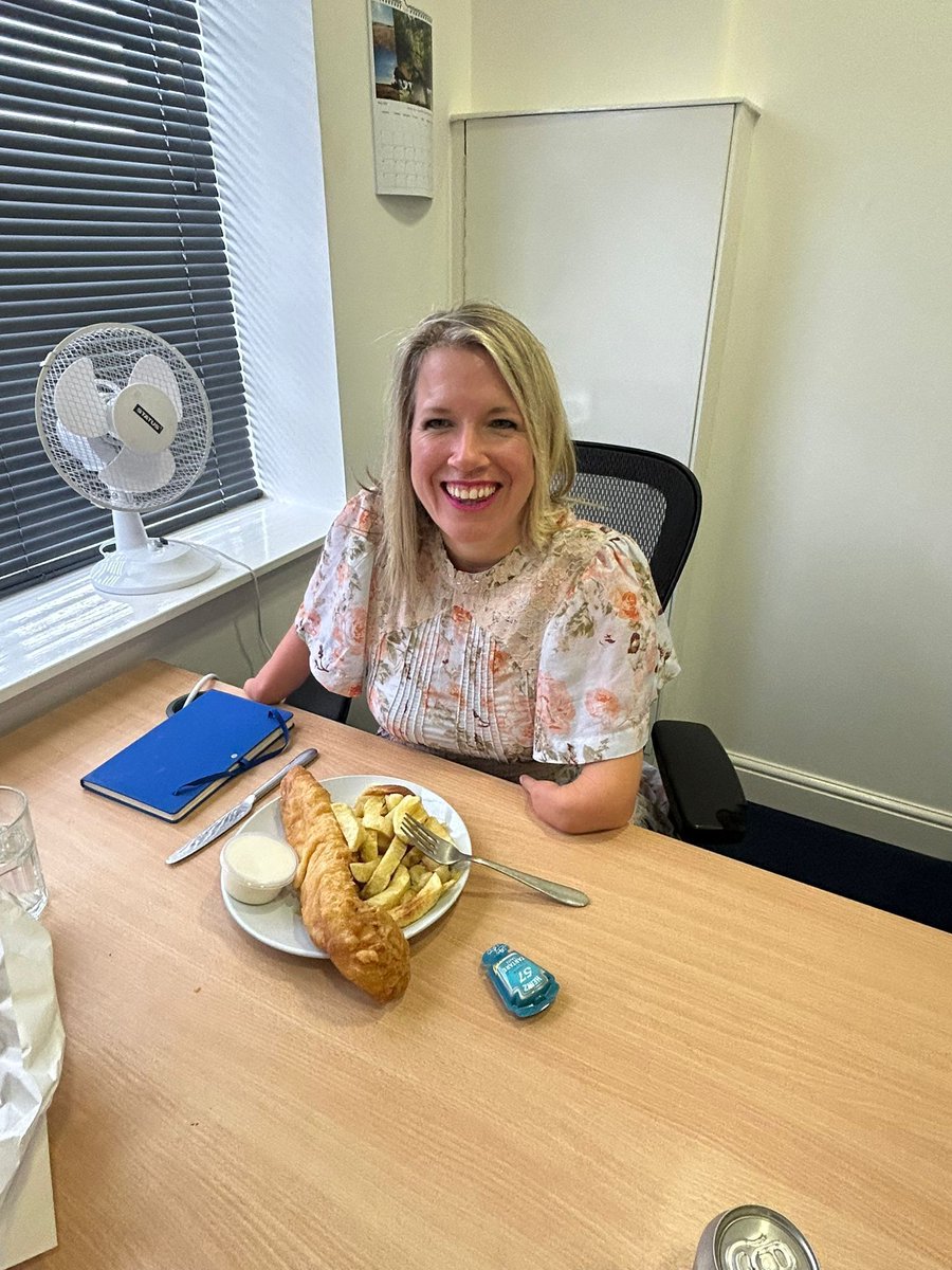 MarieTidball's tweet photo. No better way to mark #NationalFishAndChipDay than enjoying a portion from Chapeltown's own Ocean Blue in my constituency office between meetings. https://t.co/tS99MNKYbk