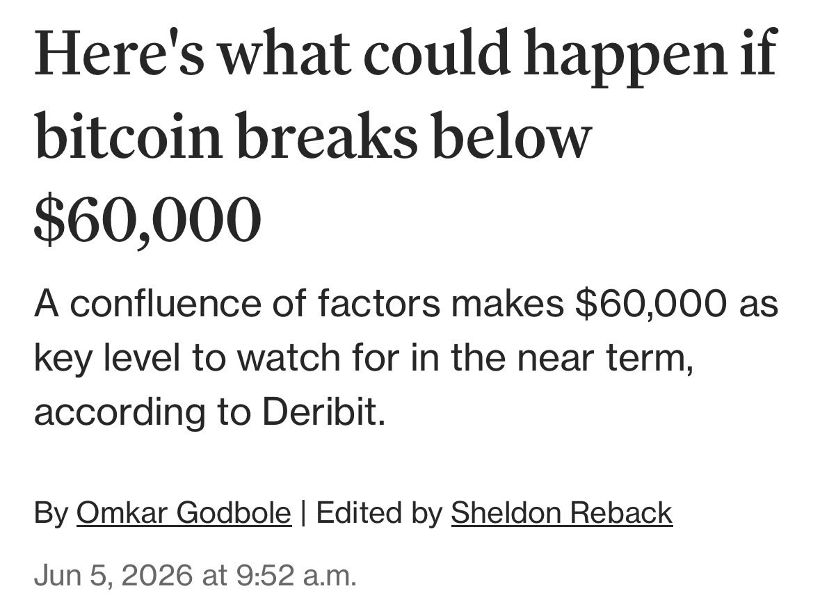 RobynHD's tweet photo. Die Marke von 60.000 US-Dollar könnte für Bitcoin deutlich wichtiger sein, als viele denken.

Laut Daten von Deribit haben sich Trader massiv mit Put-Optionen auf genau dieses Niveau positioniert. Gleichzeitig befindet sich dort ein bedeutender negativer Gamma-Bereich im Optionsmarkt.

Fällt BTC nachhaltig darunter, könnten weitere Liquidationen, Margin Calls und automatisierte Verkäufe den Abwärtsdruck deutlich verstärken. Market Maker müssten ihre Absicherungen anpassen und könnten dadurch weitere Bitcoin verkaufen, was die Bewegung beschleunigen würde.

Die 60.000-Dollar-Marke ist damit aktuell wohl eine der wichtigsten Unterstützungen des gesamten Marktes.

Das soll definitiv keine Panikmache sein, nur zweigen, wie relevant diese Marke ist.