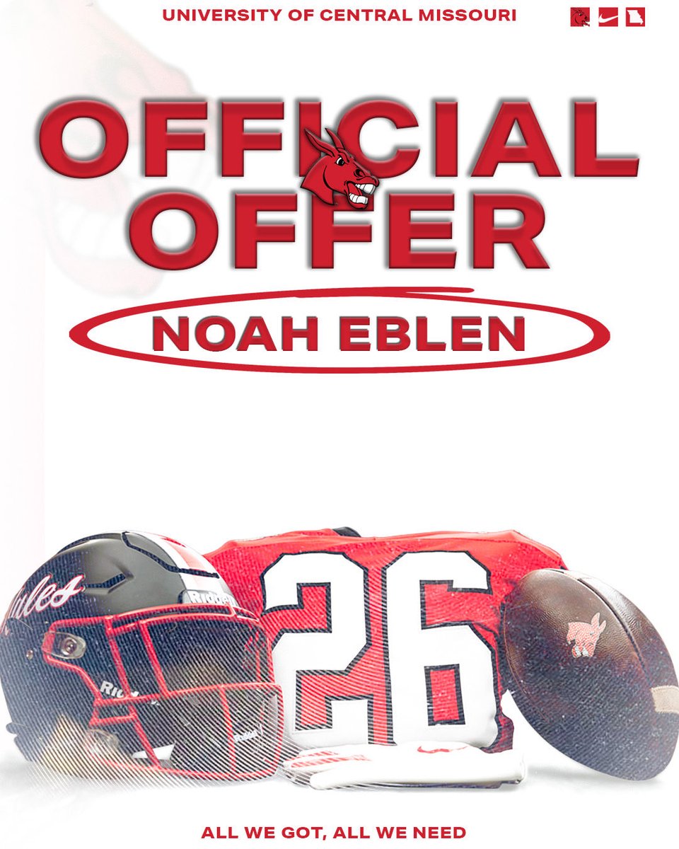 EblenNoah's tweet photo. After a great camp and conversation with @CoachHoltzclaw , I am blessed to receive my 4th offer from @UCMFootballTeam !
@FootballSpx @Coach_Simone73 @johnjray07 @ChrisGomez54 
@jeremycrabtree @JPRockMO @sixstarfootball https://t.co/kM9Rz29nDe
