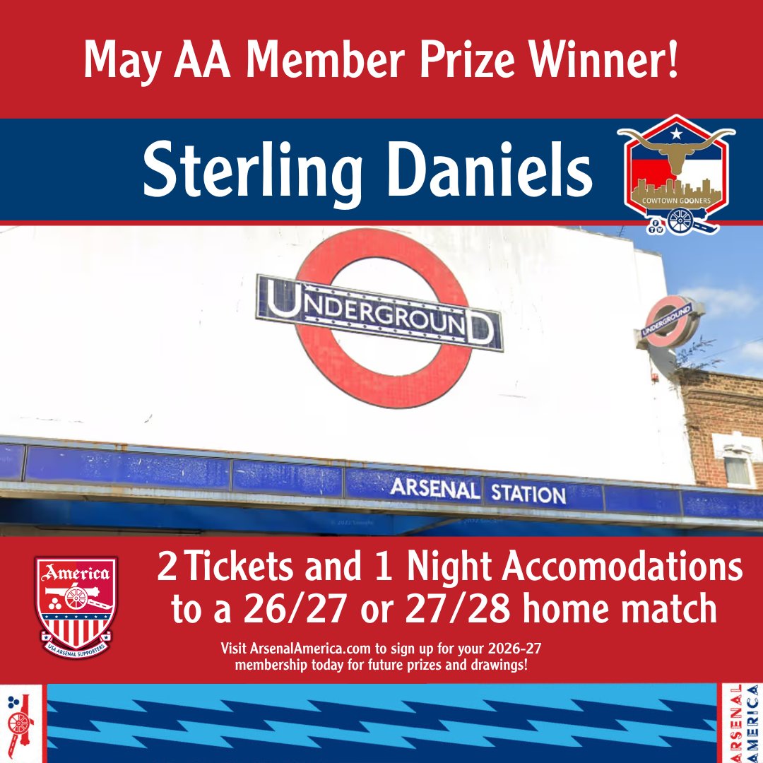 arsenalamerica's tweet photo. Congratulations to our May Arsenal America member prize winner -- Sterling Daniels from the @CowtownGooners!

Sterling won 2 Tix &amp; 1 Night of Accommodations near the Emirates to use for any non-category A home game this coming season or next season prior to March of that season! https://t.co/XAc8Hs7lh2