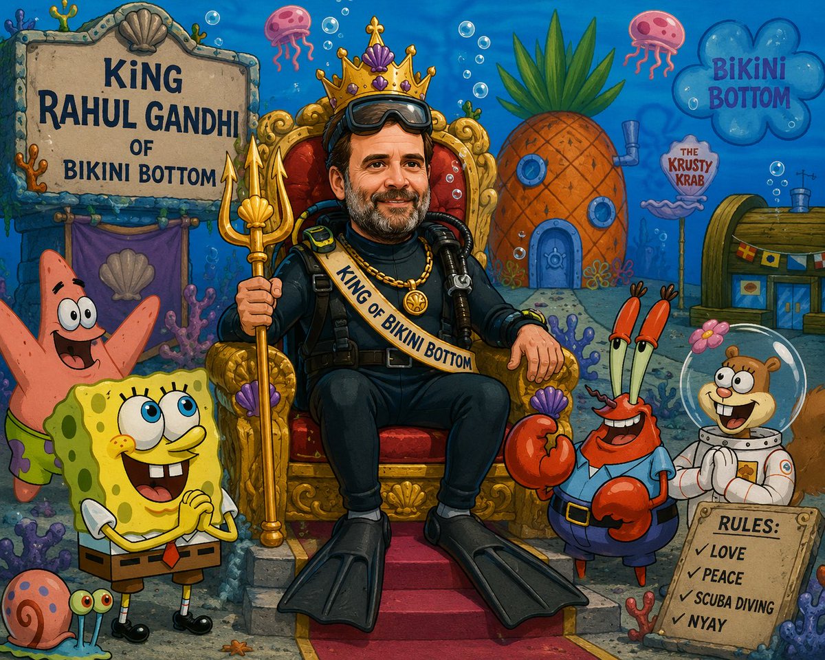 INCKarela's tweet photo. @SupriyaShrinate Dear @SupriyaShrinate ji @RahulGandhi’s fearless underwater adventures could perhaps make him the PM of Bikini Bottom, not India.

Because unfortunately, voters in India usually look for good governance, vision and problem solving skills. Not fearless scuba-diving skills 😭😭😭 https://t.co/245GIGZ3Qx