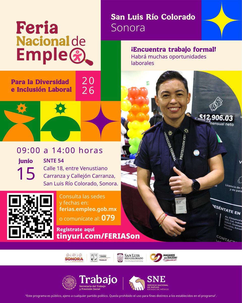 SNESonora's tweet photo. ¡MUY PRONTO! ✨

FERIA NACIONAL DE EMPLEO EN SAN LUIS RÍO COLORADO, SON.

🌈 Para la Diversidad e Inclusión Laboral. 🤝

💼 Encuentra un trabajo formal este 15 de junio 2026 en el SNTE 54, San Luis RC. 🗓️

📝 Registro gratuito:
👉 https://t.co/yIVvPl6FXb https://t.co/Ux14jsgC6B