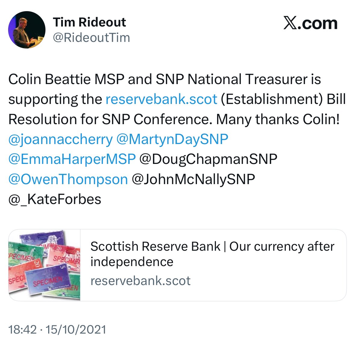 staylorish's tweet photo. Colin Beattie, the SNP treasurer who failed to spot a gargantuan fraud, is fully behind Tim Rideout’s currency plan for an independent Scotland. 🤔 https://t.co/cbXTiXCpHr