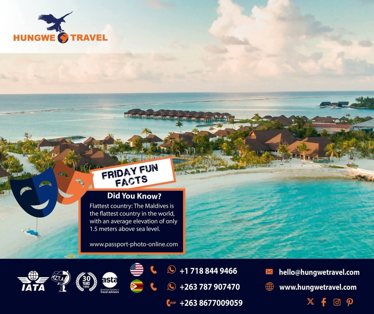 TravelHungwe's tweet photo. Flattest country: The Maldives is the flattest country in the world, with an average elevation of only 1.5 meters above sea level.
#HungweQuiz #travelhungwe #HungweTravel #Quiz #Quiztime #BeyondTheHorizon #makingmemoriesthatlastalifetime https://t.co/VXCN8hEzsR