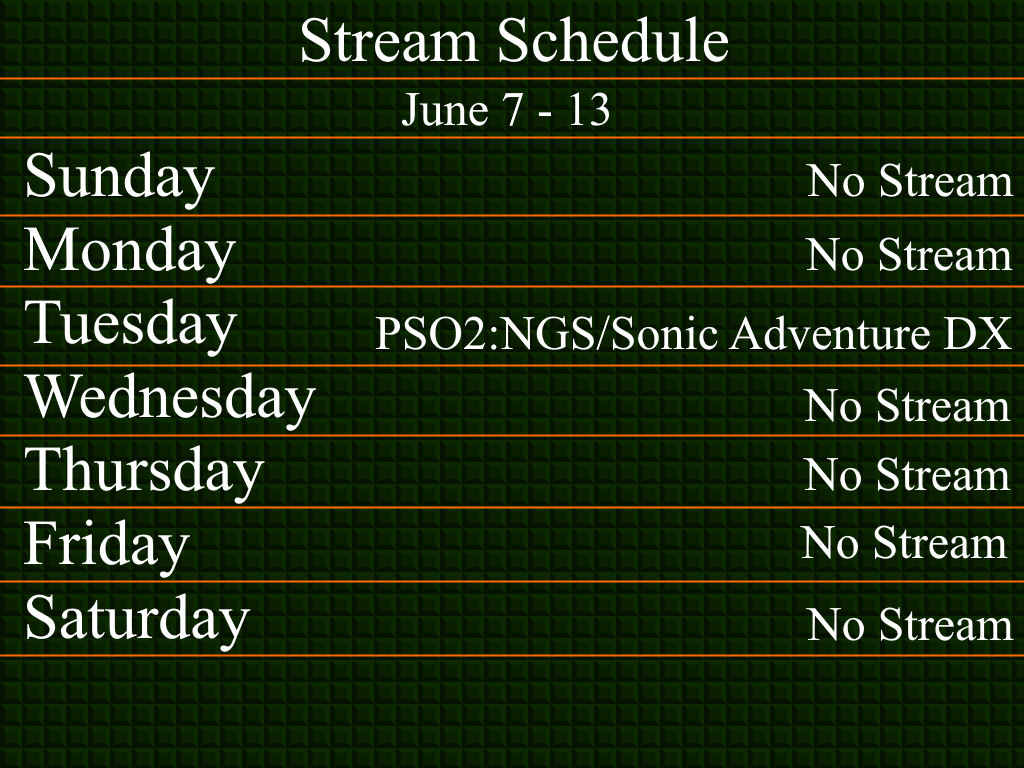 KDC705's tweet photo. New Stream Schedule~!

Since SEGA celebrates Sonic's anniversaries in June, at least in PSO2, I'm gonna do a similar thing, and stream Sonic Adventure DX, from a new save cause why not. :3 Also PSO2:NGS has a maintenance on Tuesday, so that's there too. O.o https://t.co/l0wZx1UbNd