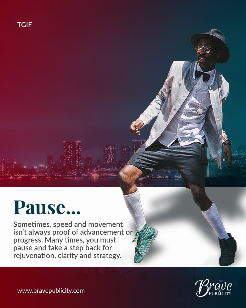 bravepublicity's tweet photo. Sometimes, speed and movement isn't always proof of advancement or progress. Many times, you must pause and take a step back for rejuvenation, clarity and strategy.

Thank God It’s Friday!💯
So, Pause…

#BravePublicity #BraveSPEED #TGIF #BrandStrategy #Pause https://t.co/3aOJv6B2Lv