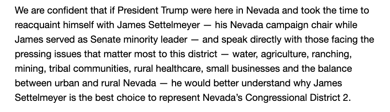SteveSebelius's tweet photo. Sen. @Irahansen and Assemblywoman @alexishansenNV issue a joint statement, backing @SettelmeyerNV for #nv02 and "respectfully disagree[ing]" with President Donald Trump's endorsement of @DavidFlippoNV. The key line: https://t.co/8ndH7Me2FG