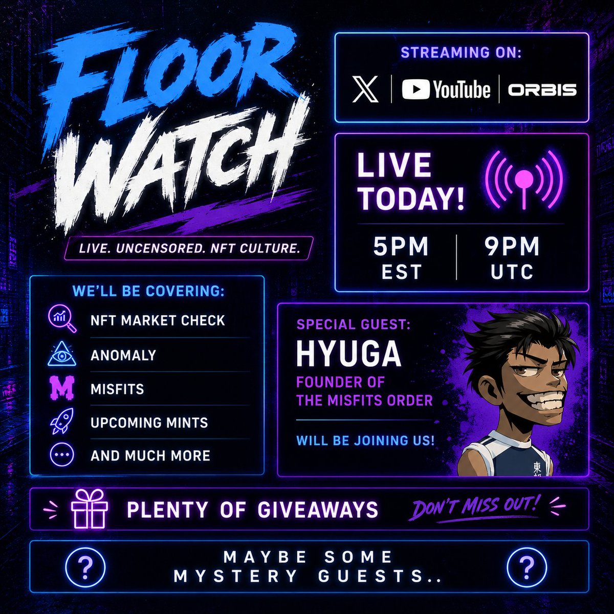 luckysol777's tweet photo. Floor Watch is back - Today at 5PM EST & 9PM UTC.  Join @TADIGITAL1 and me as we checkout how the Solana NFT market is doing this Friday!

Also Featuring:
@0xHyuga as a special guest and talking about @misfitsorder 
@Anomalybyarti - Accumulation phase
@nfinn - Daily heatmaps
@OrbisOnSOL - Floor watch
And much more...

NFTs | Alpha | Giveaways 🎁