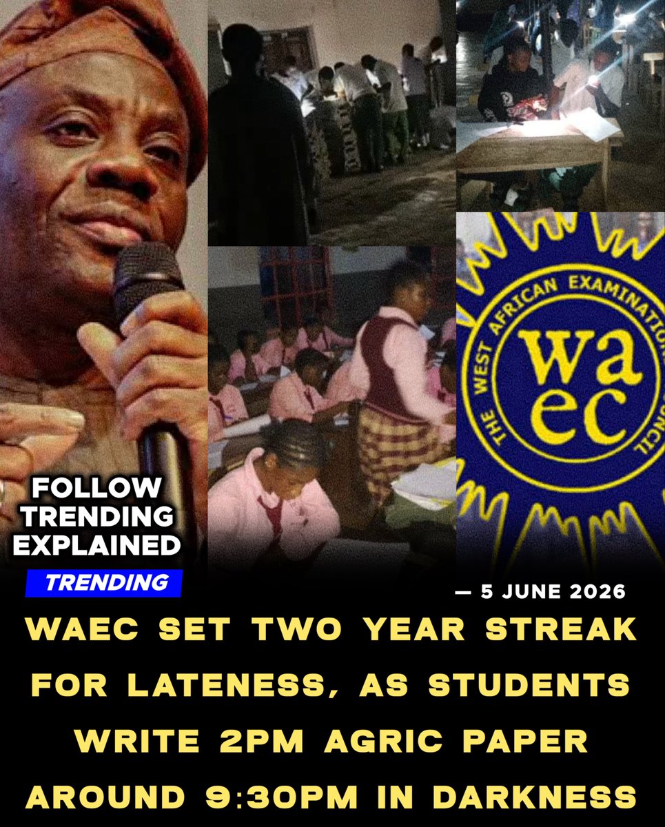 TrendingEx's tweet photo. WAEC is trending because it’s Deja Vu across the country, as again, students are forced to write exams around 9pm in Oyo, Lagos, and Osun.

The disruption started on Monday with Physics, and Wednesday when Mathematics slated for 2pm started around 7:30-8:30pm. 

It however got worse yesterday particularly in Oyo where Agric Practical slated for 2pm was delayed till 6pm in some areas, while some started around 9pm, yet in some schools, students were forced to share question papers, as WAEC came short.

In a school with 75 candidates WAEC brought 35 papers. Another with 250 candidates, WAEC brought 120 papers.

The situation further deteriorated comparing to last year June, when only English language was delayed into the night across the country, due to a reported logistics problem.

This time it has happened for a week-stretch. It may happen for a month in 2027 at this rate..

• The change you want in the country starts with tranperency in elections. @CitizenMonitors has created a digital surveillance platform like IREV. You can snap and upload results from your polling unit and it auto aggregates live, tackling election rigging. Check it out now https://t.co/1jqs7eUmth