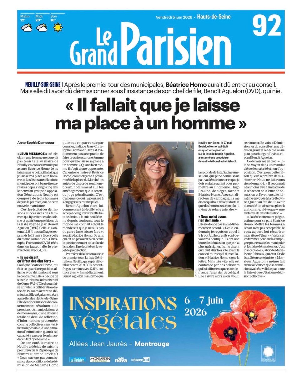 PatrickPessis's tweet photo. D’après l’article, 2 candidates de la liste Aguelon à Neuilly ont été poussées à démissionner pour laisser la place au Conseil Municipal à un candidat. Ainsi, pour la liste Aguelon, un homme vaudrait 2 femmes. Pourquoi ce machisme honteux ? Mystère. Beatrice Homo doit être au CM. https://t.co/zqfkdipBiz