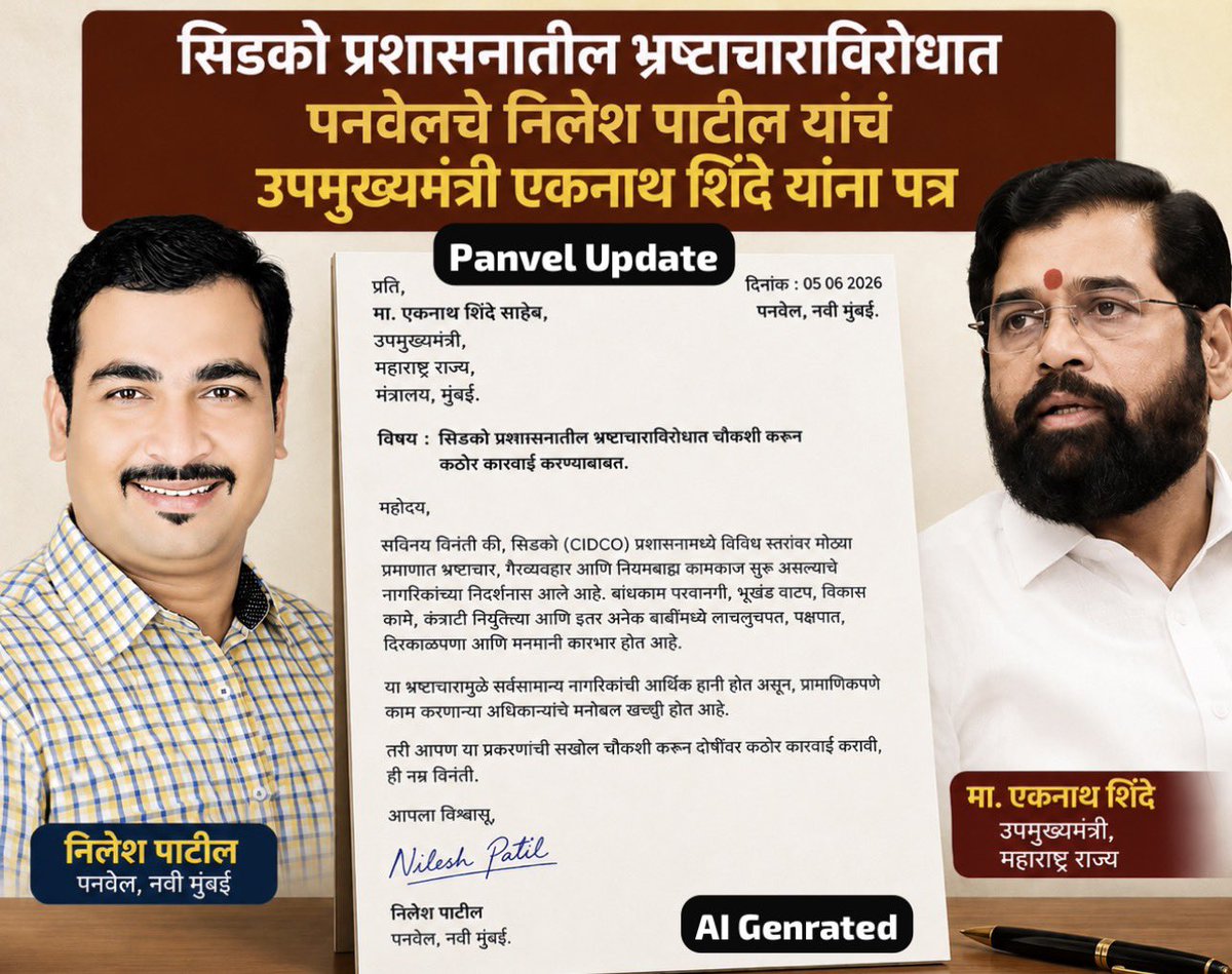 Panvelupdate's tweet photo. सिडको प्रशासनातील भ्रष्टाचारा विरोधात पनवेलचे निलेश पाटील यांचं उपमुख्यमंत्री एकनाथ शिंदे यांना पत्र https://t.co/BioU8oIpfV