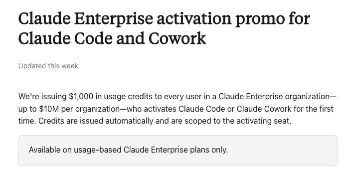 Anthropic 促销截图显示,首次激活 Claude Code 和 Cowork 的每位用户可获得 1,000 美元用量积分,每家组织上限 1,000 万美元