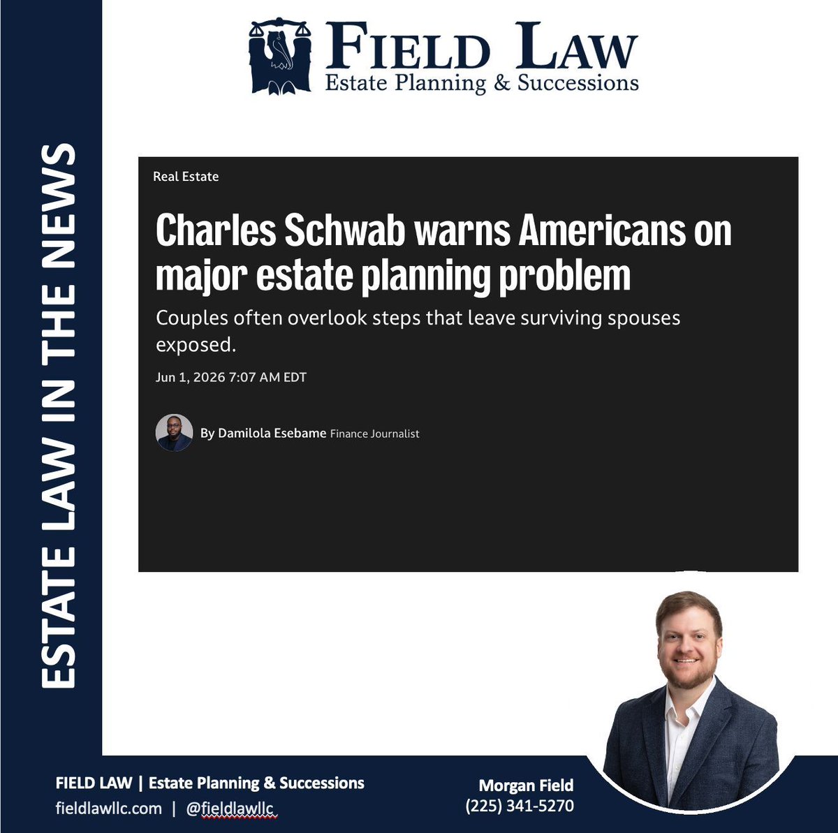 FieldLawLLC's tweet photo. Thinking your spouse will automatically inherit everything if the worst happens? Think again.Charles Schwab is warning Americans about a major estate planning blind spot that's leaving grieving spouses locked out of their own bank accounts.
Read more here: https://t.co/03Gw3OuRpf https://t.co/yJ09mt0ocm
