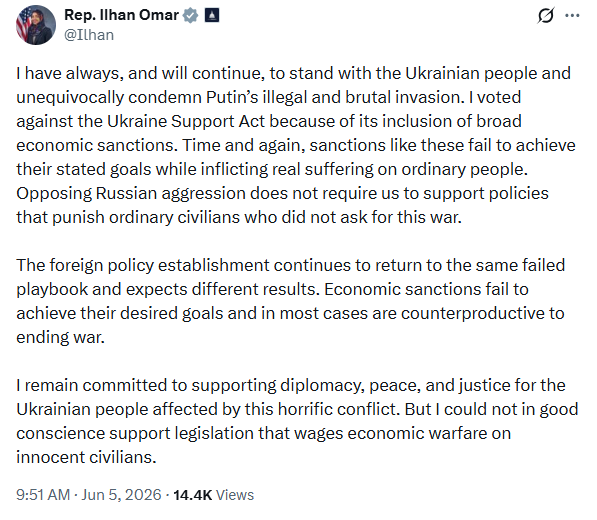 HenMazzig's tweet photo. You...didn't vote for a bill because you think economic sanctions against Russia would only punish ordinary civilians and ultimately prove counterproductive to ending war.

But...you openly support BDS, which means boycotting goods made by Israelis and punishing them economically.

Did you think before you posted this?