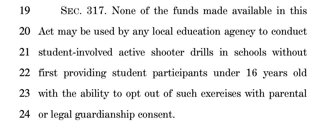 StrikeDebt's tweet photo. Extremely wild clause in a bill House Republicans are set to vote on Tuesday.

It would eliminate funding by "any local education agency" to conduct school shooter drills for kids under 16 years old. https://t.co/kDSy9gy9bq