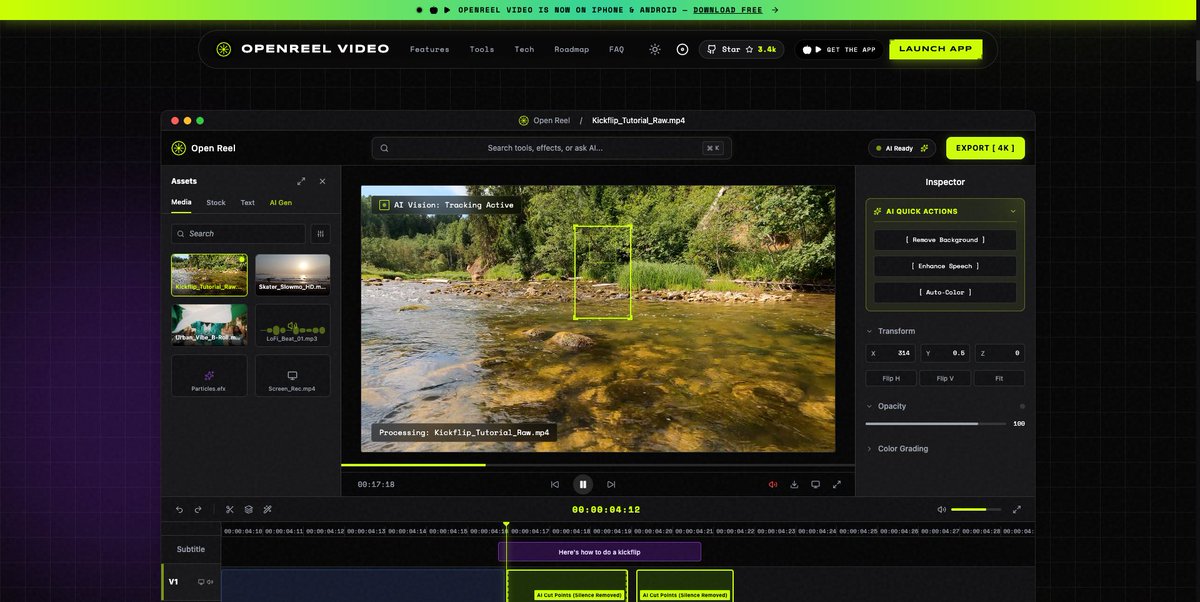 OpenreelVidapp's tweet photo. Openreel desktop is here - free, no watermarks, open source

Available for macOS, windows and Linux with a full cloud-GPU toolkit. And our biggest mobile update is available on the playstore and AppStore for download.

The everywhere video editor - https://t.co/ZFMapMpeLd https://t.co/jkuvmXzZ27