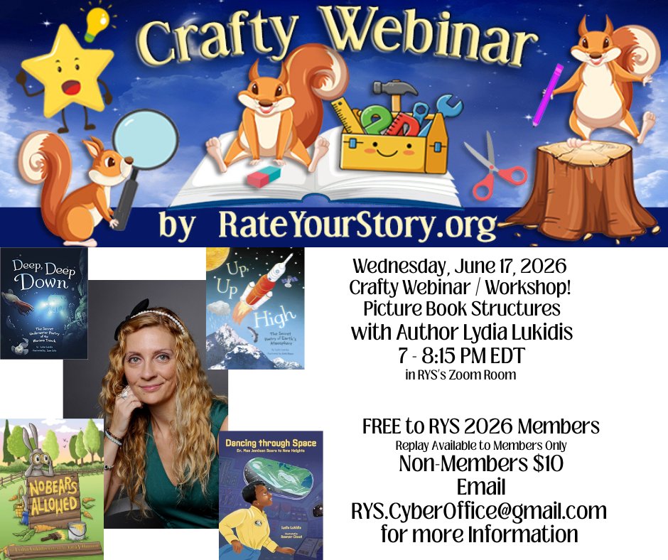Literally_Lynne's tweet photo. Mark your calendars to join our next installment of our Crafty Webinar Series where we will explore Picture Book Structures and be inspired by the award-winning, multi-genre, multi-published, long-time Rate Your Story Judge and Author Lydia Lukidis! @LydiaLukidis @RateYourStory https://t.co/udIN8nUW0o