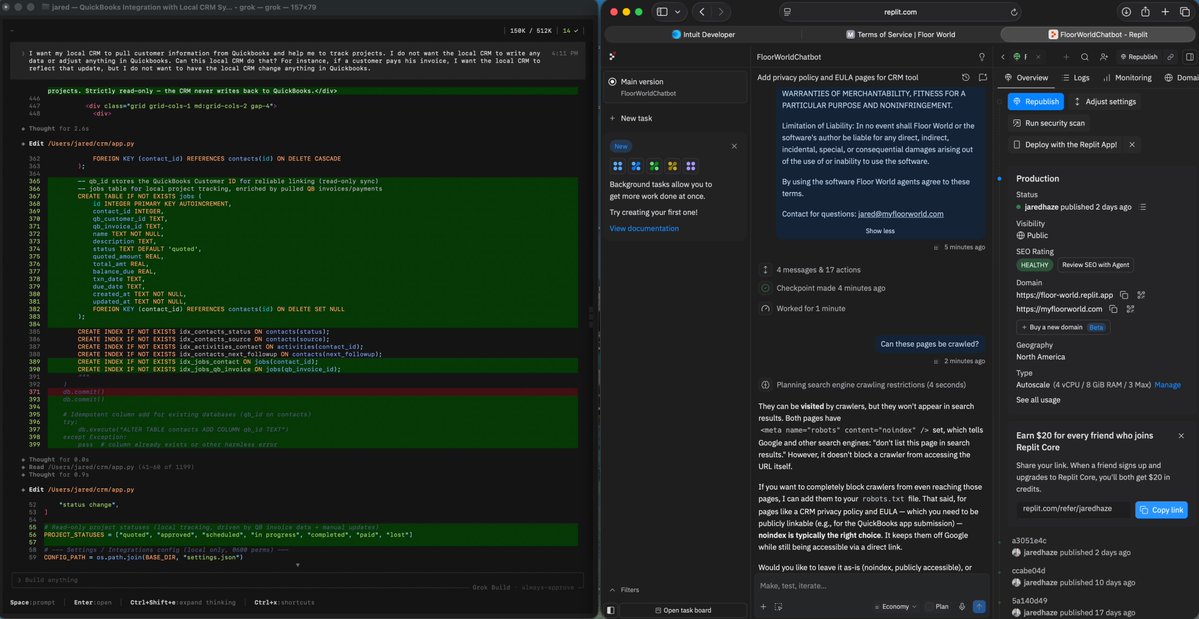 One_That_Rules's tweet photo. I am no computer science person, but, I am trying to keep with the times to run my small business. I am using Grok Build to create a personal, customized CRM tool that integrates with Quickbooks. And using Replit, which I think is OpenAI, not sure, to build my entire website and chatbot tools. It's been a learning curve, but these tools make this kind of work much more accessible.