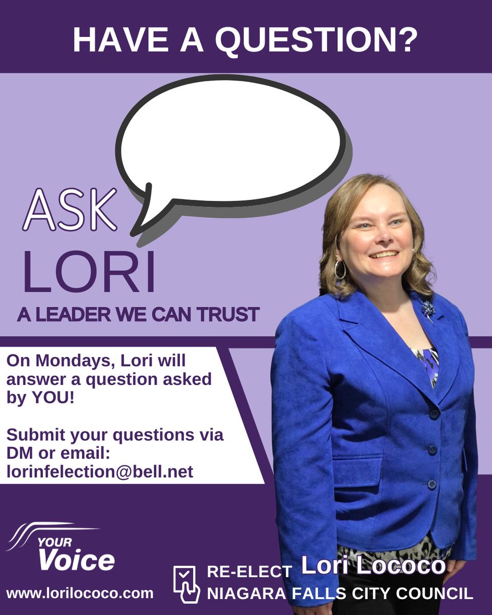 LoriLococo's tweet photo. Have a question about #NiagaraFalls, #CityCouncil, our #community, or the issues that matter most to you? #AskLori! 💬

On Mondays, I’ll be answering questions submitted directly by YOU — because your voice deserves to be heard.

📩 Send a DM or email at: lorinfelection@bell.net. https://t.co/0nA6x9MmUw