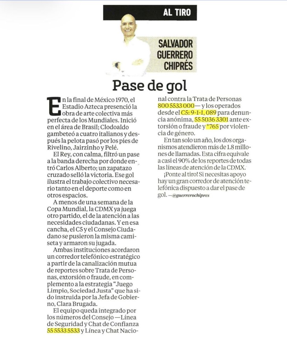 guerrerochipres's tweet photo. ¡Ponte #AlTiro! Si rumbo al #Mundial2026 necesitas apoyo en la Ciudad de México, que gobierna @ClaraBrugadaM, existe un gran corredor de atención telefónica dispuesto a dar el pase de gol: el @C5_CDMX y @elconsejomx armamos la jugada
Escribo en @elgmx https://t.co/xMtYZEFhg2