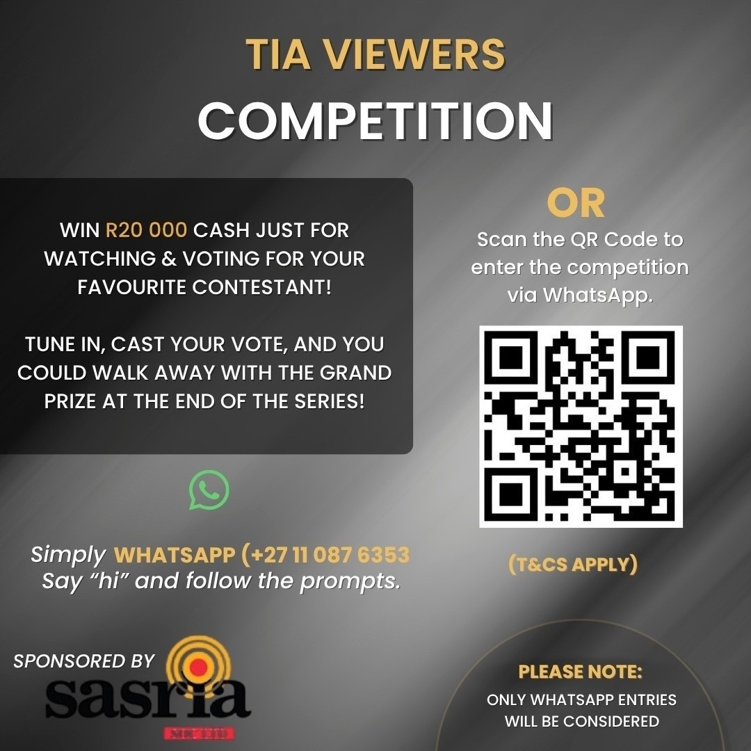 TheInsApp's tweet photo. 💸 Win R20 000 cash just for watching and voting for your favourite #TIA2026 contestant - proudly sponsored by @SasriaSOCLtd!

It’s not about who you think will win - it’s about who you’ve enjoyed watching the most.

To enter, simply send “Hi” on WhatsApp to +27 11 087 6353 and follow the prompts.

📲 Only WhatsApp entries will be considered.
📌 Make sure you’re following our social media pages to be eligible.

Tune in, cast your vote, and you could walk away with the grand prize at the end of the season!

#TIA2026 #Sasria #ViewerCompetition #VoteAndWin