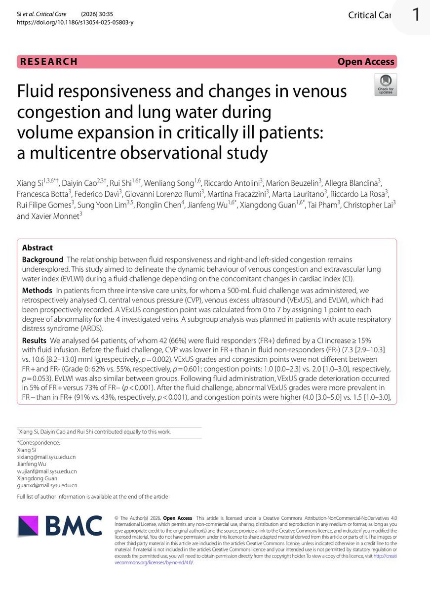 franciscojlk's tweet photo. 💧 Fluid Responsiveness ≠ Fluid Tolerance

For years, critical care clinicians have focused on a fundamental question:

Will this patient increase cardiac output if I give fluids?

A new multicentre study from France and China suggests we may need to ask a second question:

What price will the patient pay for that fluid? 

In this observational study of 64 critically ill patients receiving a standardized 500 mL fluid challenge, investigators evaluated not only cardiac index (CI), but also venous congestion using VExUS and pulmonary congestion using extravascular lung water (EVLWI). 

The findings are striking.

Before fluid administration, venous congestion could coexist with fluid responsiveness. In fact, many patients remained preload responsive despite already demonstrating evidence of systemic venous congestion. 

However, what happened after fluid administration was even more important.

Among fluid responders:

✅ Cardiac index increased significantly

✅ Venous congestion remained largely stable

✅ Only 5% experienced worsening VExUS grade

✅ Lung water remained relatively unchanged 

Among fluid non-responders:

❌ Cardiac output barely changed
❌ Venous congestion worsened dramatically
❌ VExUS deterioration occurred in 73%
❌ EVLWI increased significantly
❌ Congestion became evident across hepatic, portal, and renal venous territories 

Perhaps the most important physiological message is this:

When the heart cannot convert preload into flow, the fluid has to go somewhere.

And where it goes is congestion.

The study also found a strong correlation between CVP and VExUS, suggesting that while advanced ultrasound provides valuable organ-level information, a carefully interpreted CVP may still remain a useful bedside marker of right-sided congestion. 

The ARDS subgroup provides another important lesson.

Even fluid-responsive ARDS patients accumulated more extravascular lung water after fluid administration than non-ARDS patients, highlighting the role of pulmonary permeability in determining fluid tolerance. 

This study reinforces a concept that is increasingly central to modern hemodynamic management:

The goal is not simply to identify fluid responsiveness.

The goal is to identify patients who are both:

✔ Fluid responsive

✔ Fluid tolerant

A fluid challenge that increases congestion without increasing flow is not resuscitation.

It is fluid accumulation.

The future of hemodynamic management may lie at the intersection of:

• Fluid responsiveness

• Venous congestion assessment

• Pulmonary permeability

• Organ-specific fluid tolerance

Because the best fluid is not the one that can be given.

It is the one that provides benefit without causing harm.

Reference , 📚
Si X,  Critical Care. 2026;30:35.