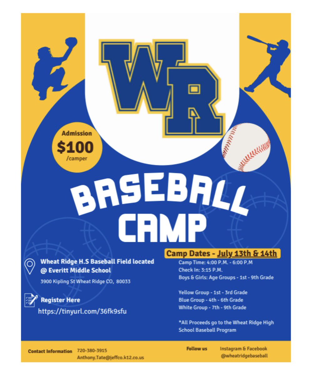 WheatRidgeAD's tweet photo. @farmerchampions @JeffcoAthletics Wheat Ridge High School is hosting several summer youth athletics programs - boys and girls soccer, softball and baseball.  Sign your athlete up now. https://t.co/XmIRZRt50N