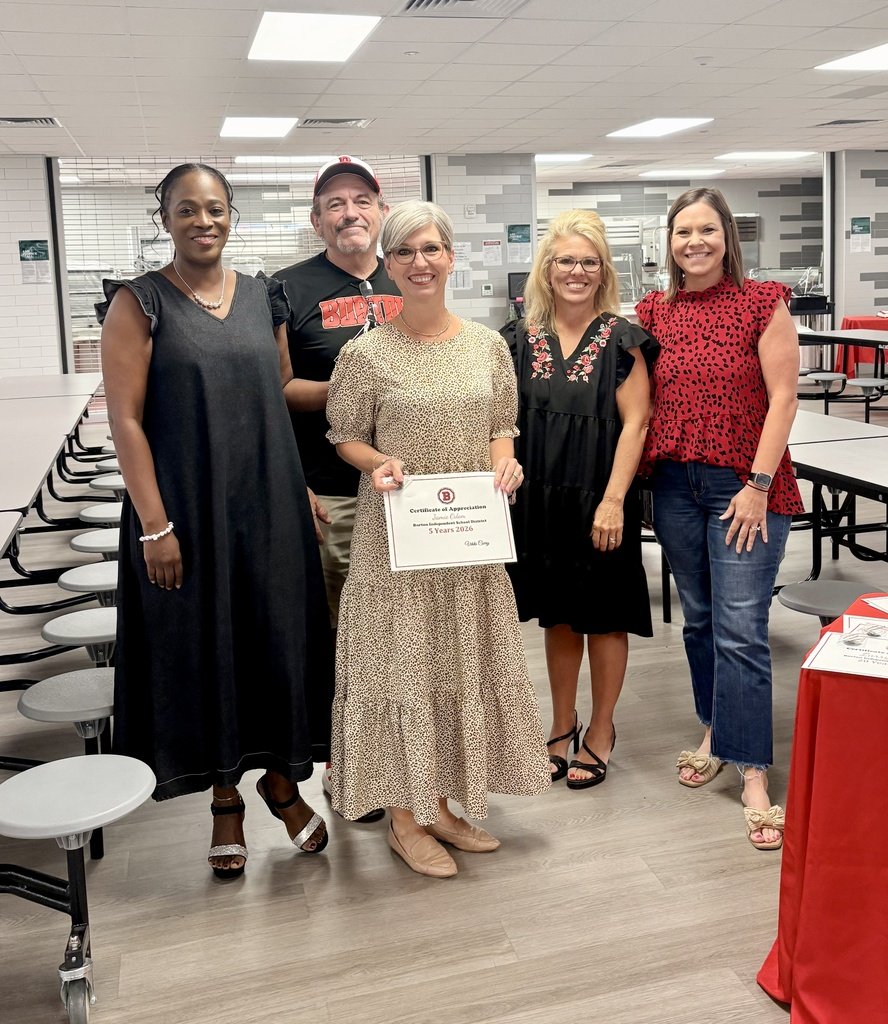 BurtonIsd's tweet photo. Congratulations to Ashley Countouriotis, Melanie Jasek, Jamie Odom, Kristen Schroeder, Kelley Shuford, and  Rachael Unger on their five years of service with Burton ISD. https://t.co/tFtAyTQsuj