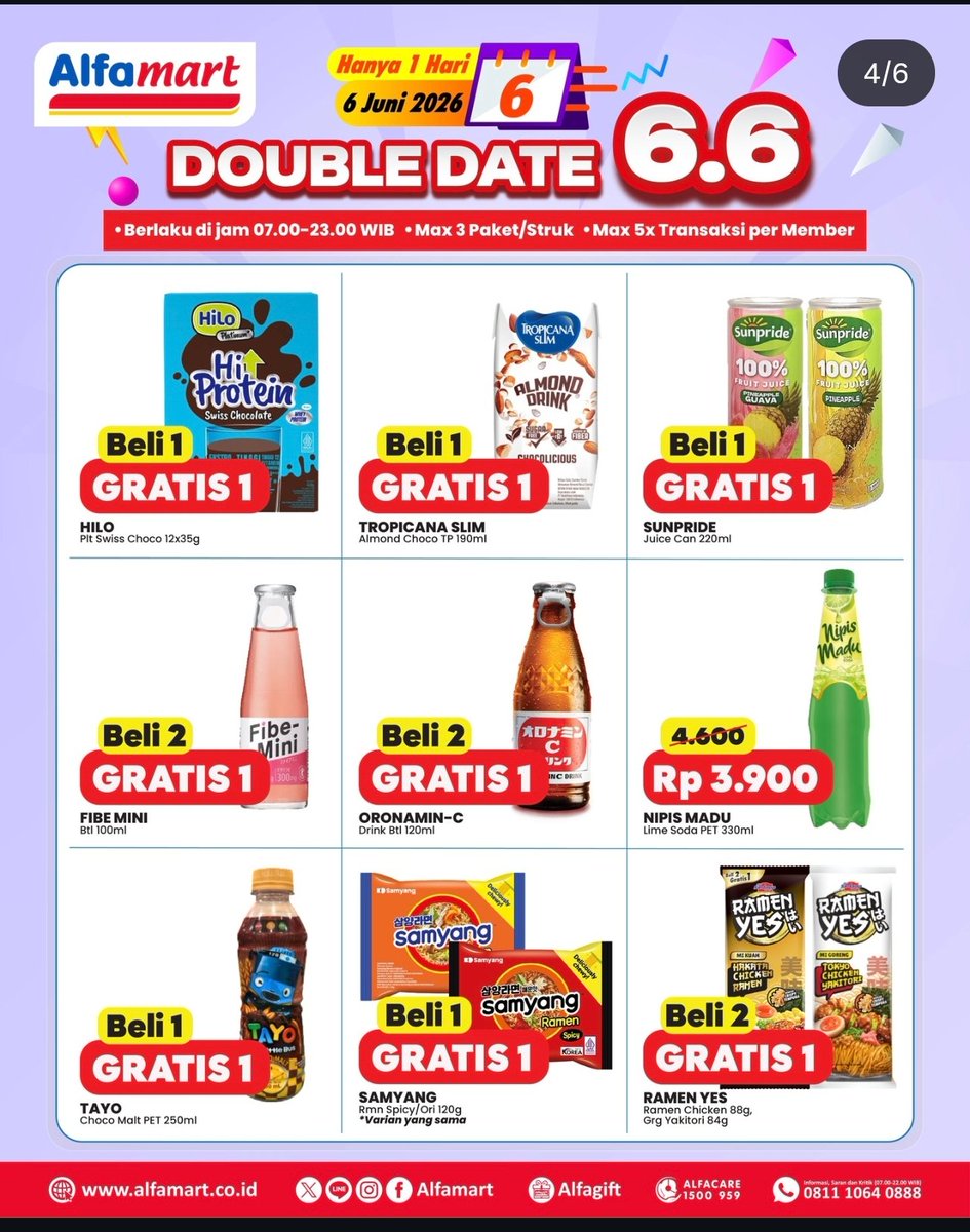 kimmyexp's tweet photo. ALFAMART PROMO 6.6 ‼️

BELI 1 GRATIS 1
BELI 2 GRATIS 2 
(lagi worth ni jajannya)

📍cuma hari ini 6 Juni 2026
📍bisa langsung ke toko &amp; via alfagift
📍Berlaku jam 07:00-23:00
📍maksimal 3item per trx
📍maksimal 5x trx per member
📍Khusus Member alfamart

combo voc alfa ni mantep https://t.co/zIDHRV7VBn