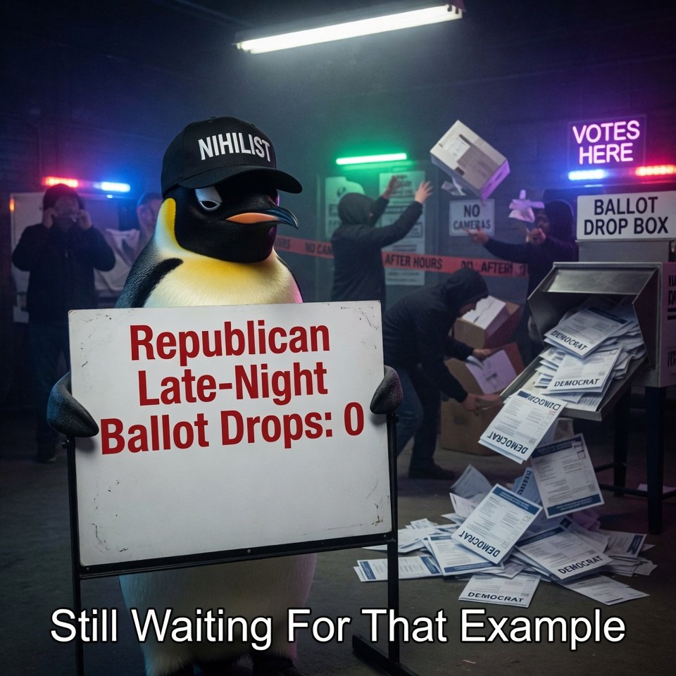 SymbanChain's tweet photo. @elonmusk Has anyone, in the entire history of late-night ballot drops, ever seen one go overwhelmingly Republican?

The Nihilist Penguin is still waiting for that example. 

Asking for the whole country. 🐧 https://t.co/KA0Gtq27cK