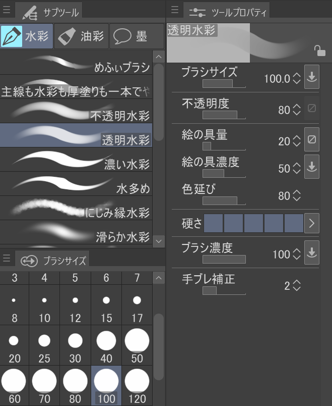 coldcompresses's tweet photo. @tt_oc_ 設定してるかどうか忘れちゃったので…
いつもこれで雑にさらさら塗ってます
ついでに上から２つ目のブラシもおすすめです！
主線も水彩も厚塗りも一本でやる怠けものブラシ https://t.co/UQ6LqmcoLR