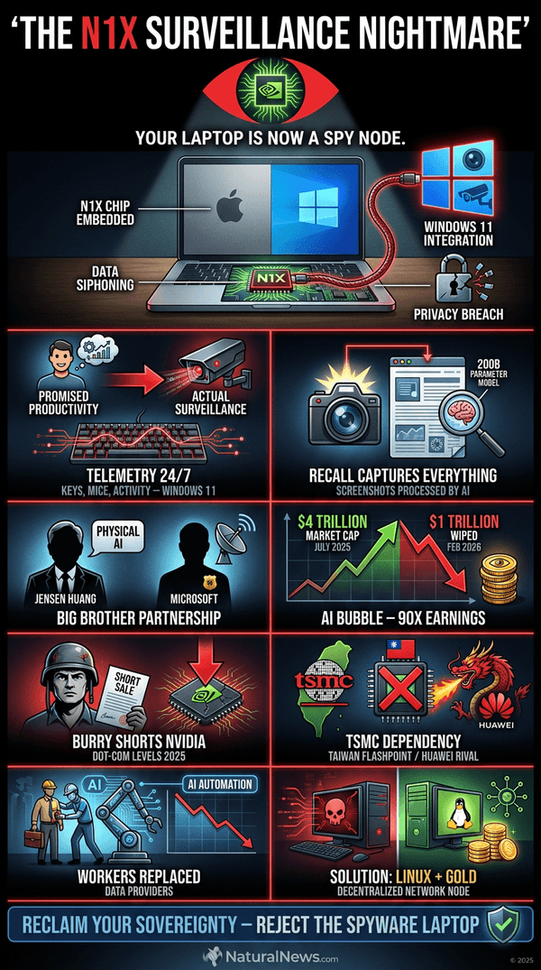 HealthRanger's tweet photo. Why the new Nvidia N1X chip, mixed with Microsoft OS, is a surveillance nightmare (infographic) https://t.co/8SqQo9eaF0