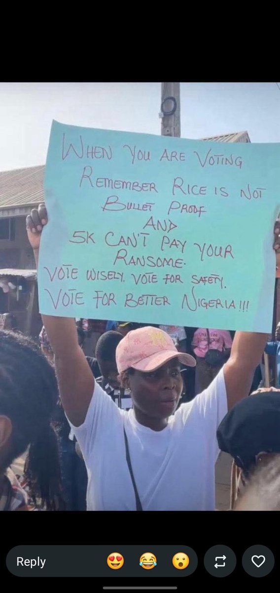 Sir_sarakie's tweet photo. When voting, remember: rice won’t save you from bullets &amp; 5k can’t pay your ransom. 🇳🇬 Vote wisely. Vote for safety. Vote for a better Nigeria! #DecideNigeria #VoteWisely #BetterNigeria https://t.co/MjNYbB9KLc