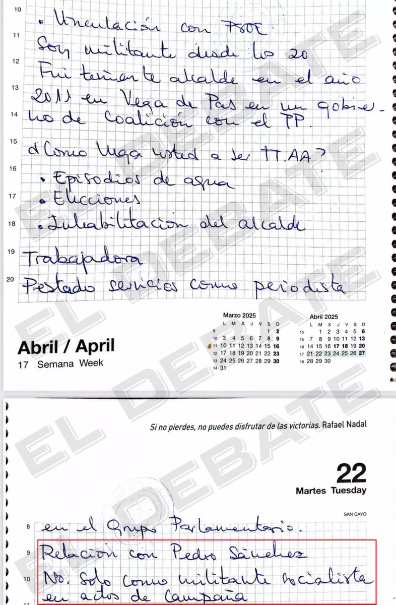 vloonk's tweet photo. #URGENTE | El Debate revela en exclusiva el argumentario de la cloaquera María Leire Díez Castro para negar su relación con Pedro Sánchez: «Solo como militante socialista en actos de campaña».

«Prestado servicios como periodista en el Grupo Parlamentario», «trabajadora», «fui teniente de alcalde en Vega de Pas en un Gobierno de coalición con el PP», «soy militante desde los 20», dicen las notas manuscritas en uno de los varios cuadernos incautados por la Unidad Central Operativa (UCO) de la Guardia Civil.