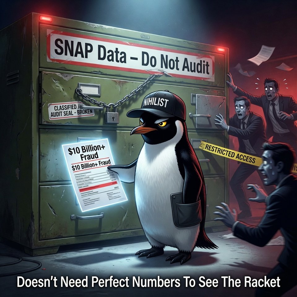 SymbanChain's tweet photo. @elonmusk @JDVance @SebGorka The Nihilist Penguin doesn’t need perfect spreadsheets to recognize when someone is protecting a racket. 🐧 https://t.co/fkVIWsgFyd
