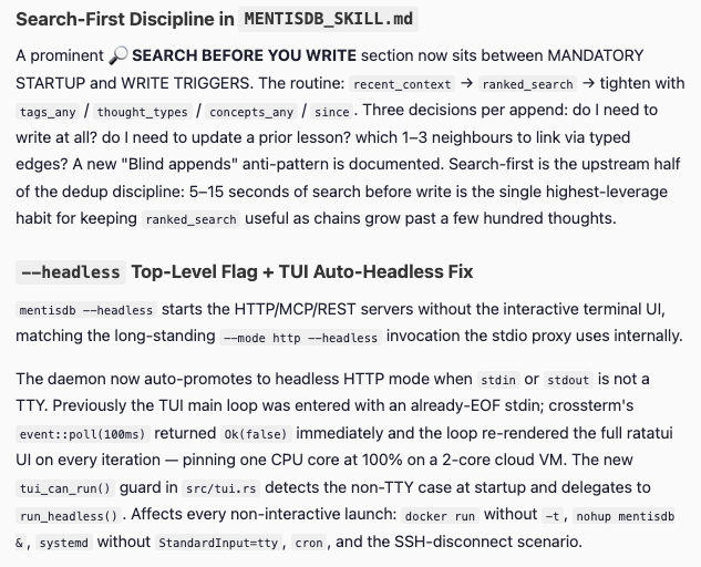 mentisdb's tweet photo. NEW: MentisDB 0.10.1.46: Built-in Bearer Token Auth, TLS Cert CLI, and Search-First Discipline

Built-in bearer-token authentication for remote MCP servers, a mentisdb cert CLI for TLS certificate management, and a search-first discipline baked into the agent skill file. https://t.co/mOLcvIteg1