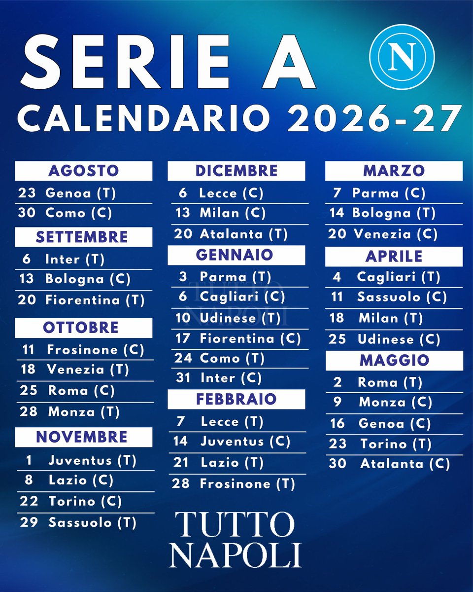 tuttonapoli's tweet photo. Il calendario del @officialsscnapoli per la prossima stagione di @seriea 🗓️🔵

Salvatelo e condividetelo per non perdere nemmeno un appuntamento degli azzurri ⚔️ 📲

Cosa ne pensate? 👇

#ForzaNapoliSempre #Napoli #Calendario https://t.co/hdoujDKgC7