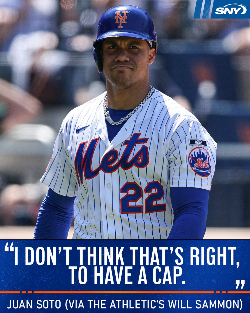 SNY_Mets's tweet photo. The Athletic's @WillSammon got Juan Soto's thoughts on MLB's first proposal of a $245.3 million salary cap.

From Will: "If the salary cap proposed in Major League Baseball’s first offer this week were to take effect next season, more than 20 percent of the New York Mets’ theoretical cap space would account for just one player: Juan Soto."

Soto: “Baseball is doing great. We’ve been increasing every year. It’s been great for baseball. We are in the best moment in baseball right now in all kinds of ways. Why should we have a cap?”

Mets union representative David Peterson: "It works in basketball in that way because they don’t have as many guys, so you have a lot less guys for the pot to go around, and that’s a league where one or two people on the team pretty much sell the team. That’s a lot harder to do in baseball.”