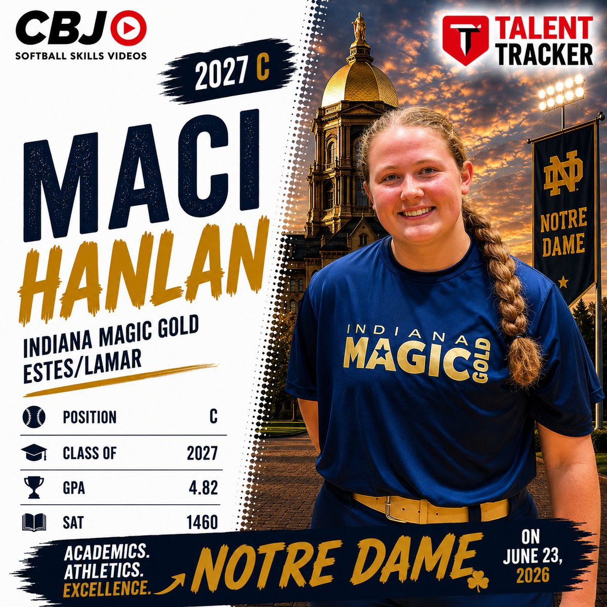 CollegeBDJocks's tweet photo. 🎓🥎 When academics and athletics both stand out, college coaches take notice.
We're excited to welcome 2027 C @MaciHanlin2027  of @IMG09Estes to the CBJ D1 Uncommitted Games at @NDsoftball on June 23, 2026! ☘️
📚 4.82 GPA
📝 1460 SAT
🥎 Catcher
🎓 Class of 2027
Maci has proven herself as an elite student-athlete, combining outstanding academic achievement with a strong presence behind the plate. Her dedication to excellence in the classroom and on the field makes her a player coaches will want to get to know in South Bend.
👀 Don't miss the opportunity to see one of the Midwest's top academic and athletic performers compete at Notre Dame.
#CBJ #TalentTracker #NotreDame #SoftballRecruiting #2027Grad #IndianaMagic #Catcher #StudentAthlete #AcademicExcellence #CollegeBoundJocks #UncommittedGames #FutureLeader 
@umichsoftball @PurdueSoftball @BadgerSoftball
@IndianaSB @OhioStateSB @MSU_Softball
@GopherSoftball @IlliniSB @LouisvilleSB
@NUSBcats @Pitt_SB @ToledoSoftball
@GoZipsSoftball @BGSUSoftball @MiamiOH_SB
@CMUSoftball @WMUSoftball @BallStateSB
@BelmontSoftball @UKsoftball @ValpoSoftball
@OaklandSoftball @DetroitTitansSB @NIUSoftball
@Vol_Softball @KentStSoftball @OhioBobcatSB
@UBBullssoftball @DePaulSB @RamblersS @FlyerSoftball @NKUNorseSB @YSUSoftball
@ButlerSoftball @iowasoftball @GBPhoenixSB
@UEAthletics_SB @CuseSB