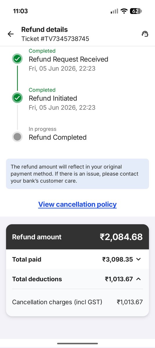Varaprasad007's tweet photo. @RedBus_in My bus [Ramana Tours and Travells] was cancelled by the operator, and both the operator and your app’s chat assistant confirmed a 100% refund. However, I noticed an unauthorized deduction of ~₹1,000 as a "cancellation charge." Please rectify this immediately. https://t.co/WdEisgW582
