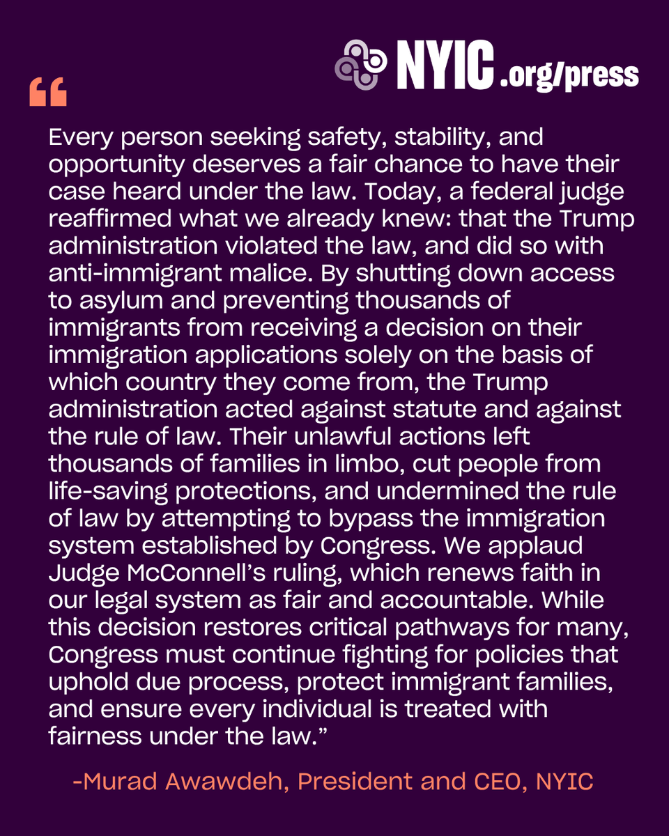 thenyic's tweet photo. 🚨 STATEMENT: Federal Judge Rejects Trump Admin’s Unlawful Immigration Restrictions, Restoring Access to Asylum for Immigrant NYers

“Everyone deserves a fair chance to have their case heard under the law." @HeyItsMurad

https://t.co/RBV2azNuCY https://t.co/n19CFf2nzR
