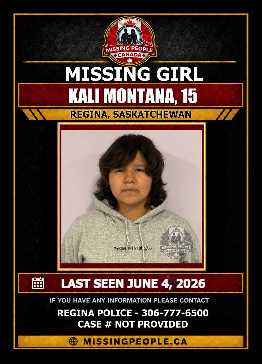 Missing_CA's tweet photo. MISSING GIRL IN REGINA, SASKATCHEWAN - KALI MONTANA, 15 - LAST SEEN JUNE 4, 2026

15-year-old Kali Montana was last seen on June 4, 2026 at approximately 9:30 p.m. in the 1700 block of Elphinstone St in Regina. She is 5’5” tall, approximately 180 lbs, with brown hair and brown eyes. She was last seen wearing a black t-shirt, black pants, black ‘DC’ shoes and carrying a pink backpack. Kali is considered vulnerable due to a medical condition.

Please contact Regina Police Service at 306-777-6500 if you have any information.

Full details, including official source information, are available here: https://t.co/N632S37T5R