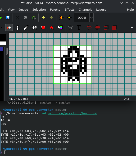 BenHomebrew's tweet photo. Dusted off a small tool I wrote a while back for dealing with TI-99 graphics. I create tiles/sprites in mtPaint and save them in PPM format (cause it's really easy to parse). Then I feed the PPM to my tool and it will spit out the proper bytes for use in the assembler. https://t.co/KMdG0Spcl9